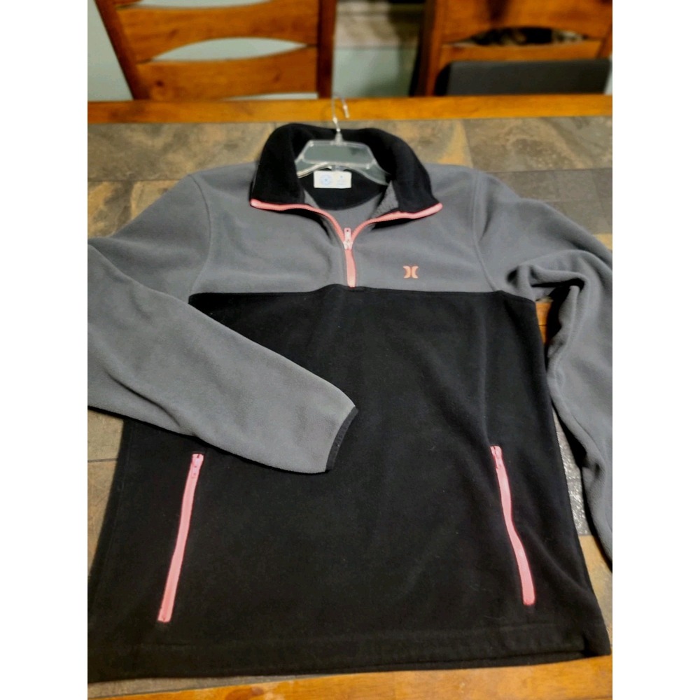 Vtg 90s‎ Hurley Quarter Zip Polar Fleece Pullover Black Gray Pockets Men's M